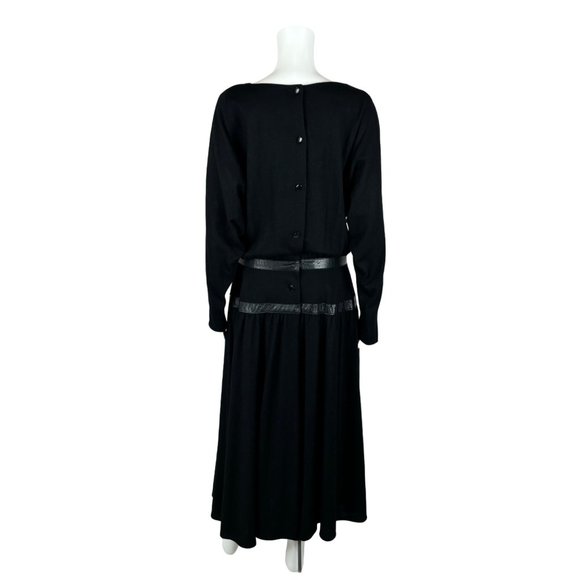 Vintage 80s Black Dress Women's Large Faux Leather Trim Waist Batwing Sleeves Bo - Picture 9 of 10